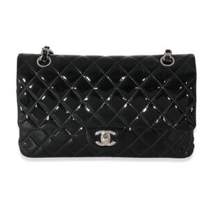 CHANEL Black Quilted Patent Leather Shoulder Flap Bag